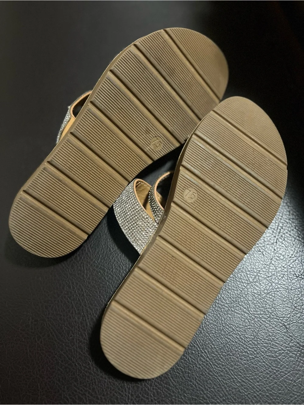 Madden Girl Tan Slide Sandals with Silver Crystal Straps